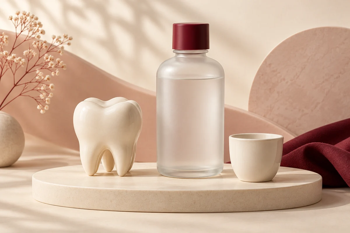Illustration of a ceramic tooth, an oral-rinse bottle, and a small cup