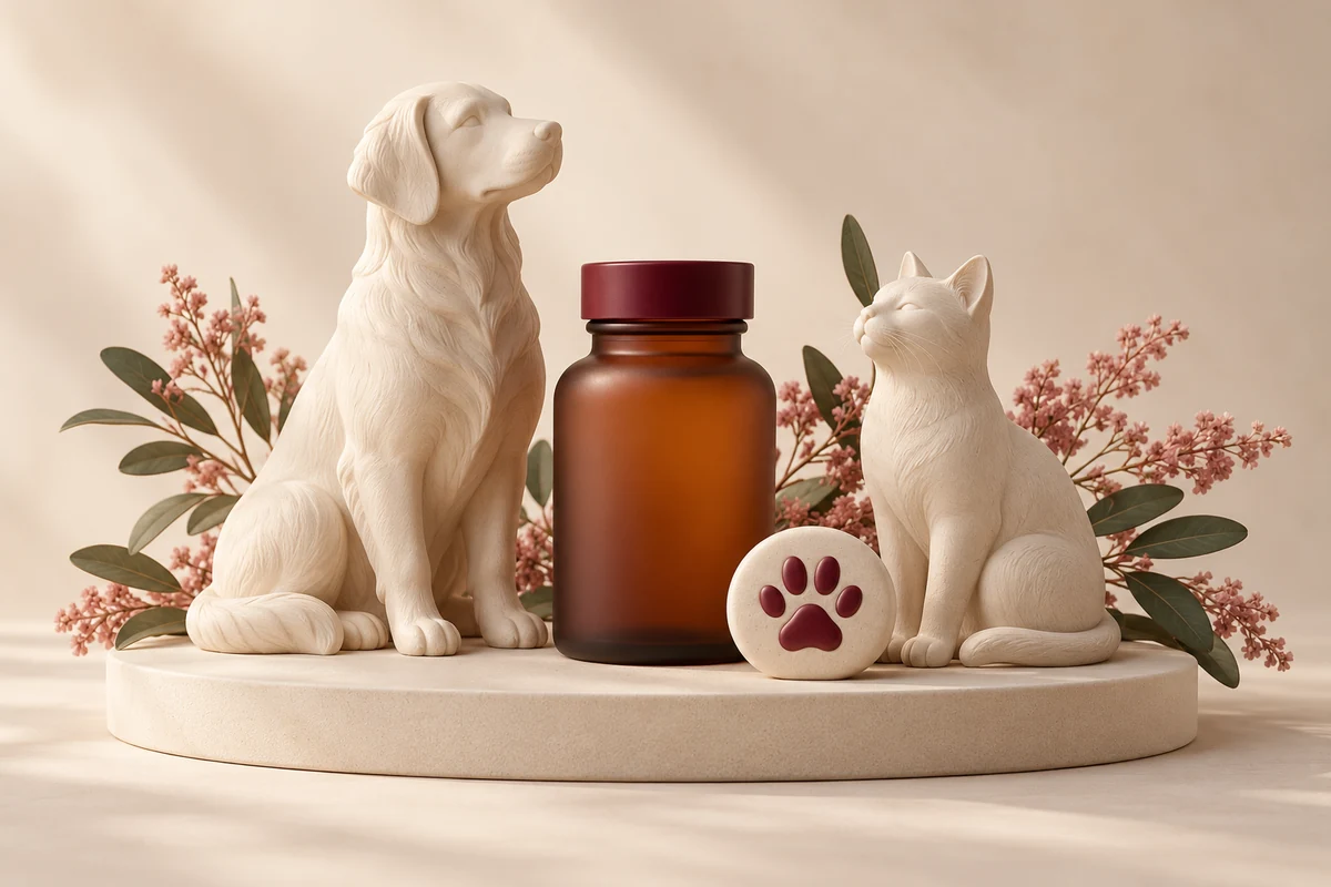 Illustration of ceramic dog and cat figures beside a medicine bottle