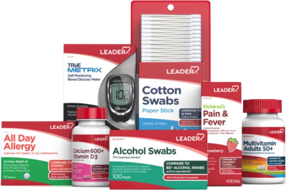 LEADER pharmacy products, including cotton swabs, allergy medicine, and vitamins